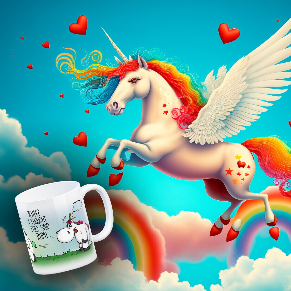 Honeycorns Kaffeebecher mit Einhorn Motiv und Spruch: RUN? I thought they said RUM!