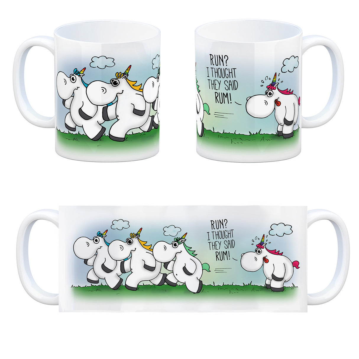 Honeycorns Kaffeebecher mit Einhorn Motiv und Spruch: RUN? I thought they said RUM!