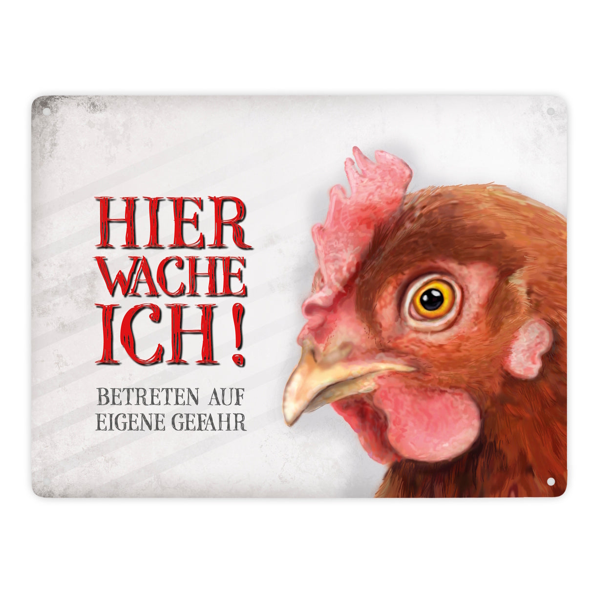 Metallschild mit Huhn Motiv und Spruch: Betreten auf eigene Gefahr ...