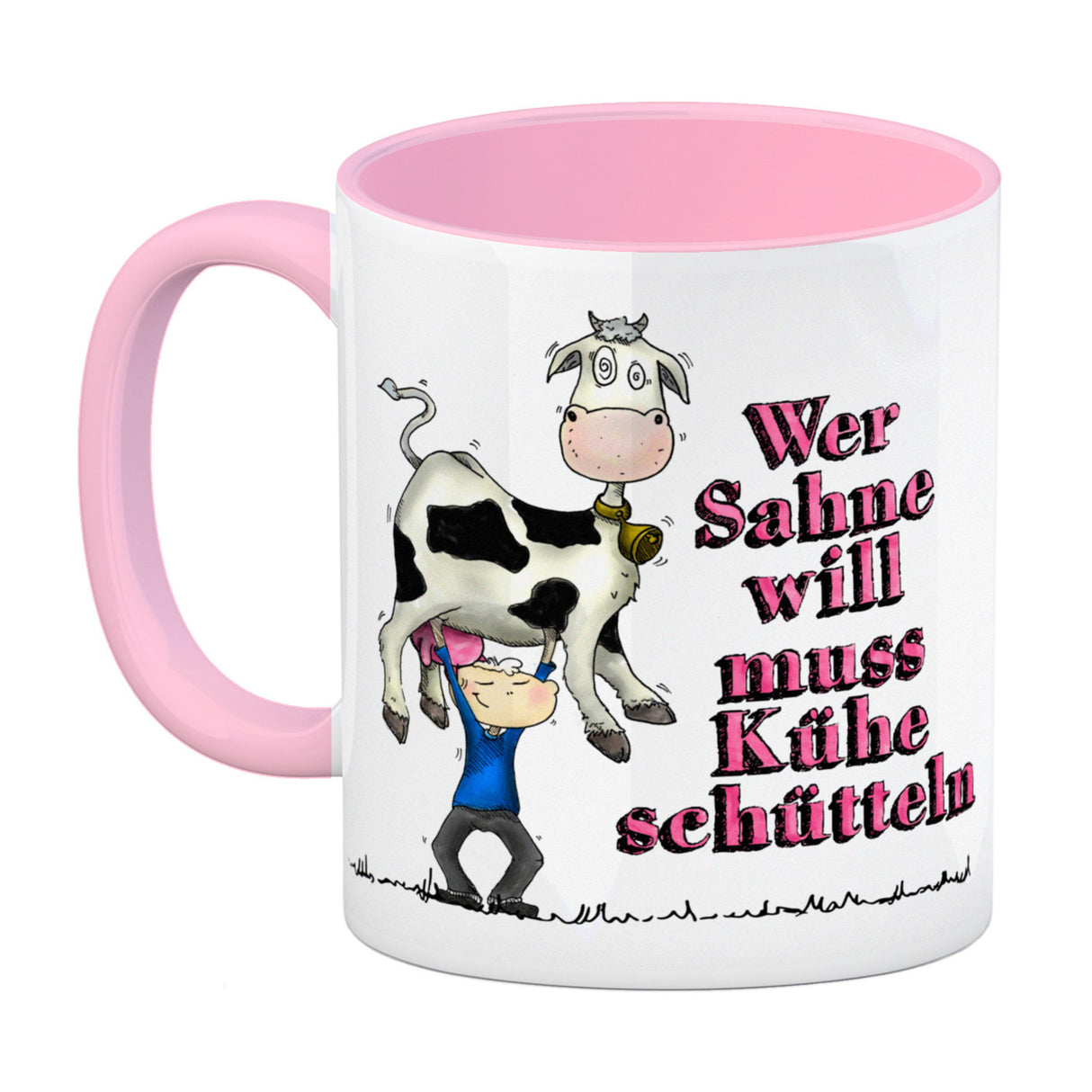 Kaffeebecher mit geschüttelte Kuh Motiv und Spruch: Wer Sahne will muss Kühe schütteln