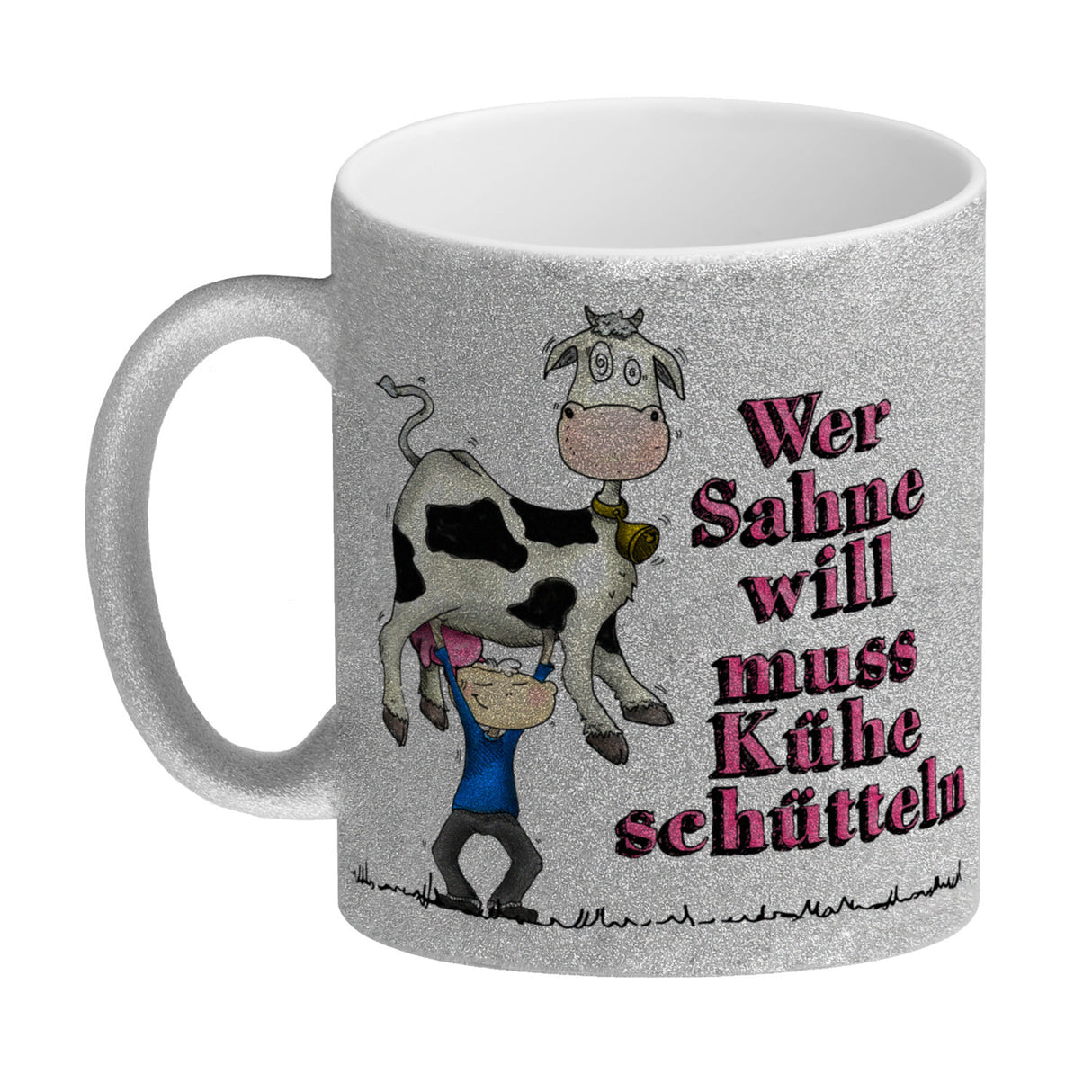 Kaffeebecher mit geschüttelte Kuh Motiv und Spruch: Wer Sahne will muss Kühe schütteln