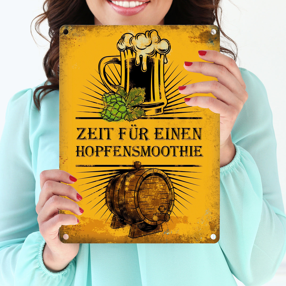 Metallschild mit Bier Motiv und Spruch: Zeit für einen Hopfensmoothie