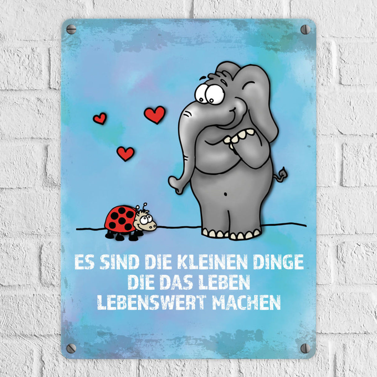 Metallschild mit Elefant & Käfer Motiv und Spruch: Es sind die kleinen Dinge...