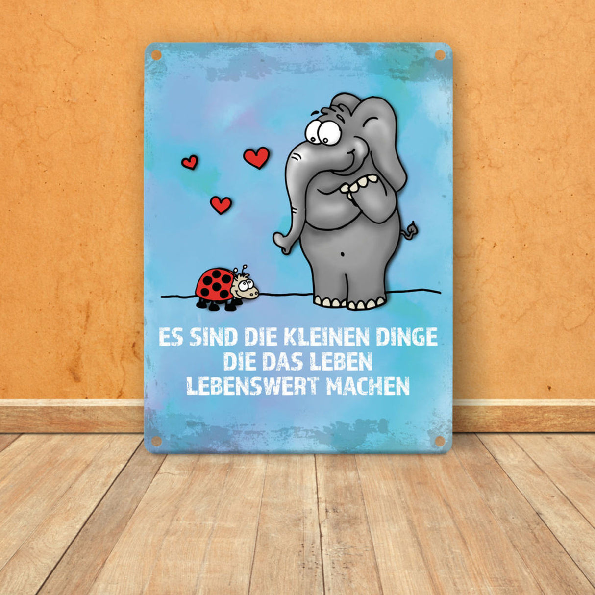 Metallschild mit Elefant & Käfer Motiv und Spruch: Es sind die kleinen Dinge...