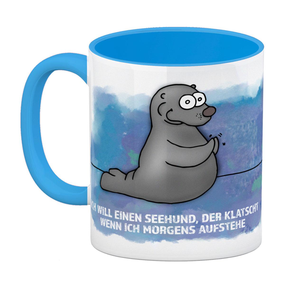 Kaffeebecher mit Seehund Motiv und Spruch: Ich will einen Seehund, der klatscht, ...