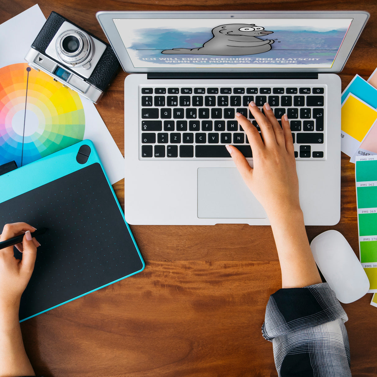 Kaffeebecher mit Seehund Motiv und Spruch: Ich will einen Seehund, der klatscht, ...