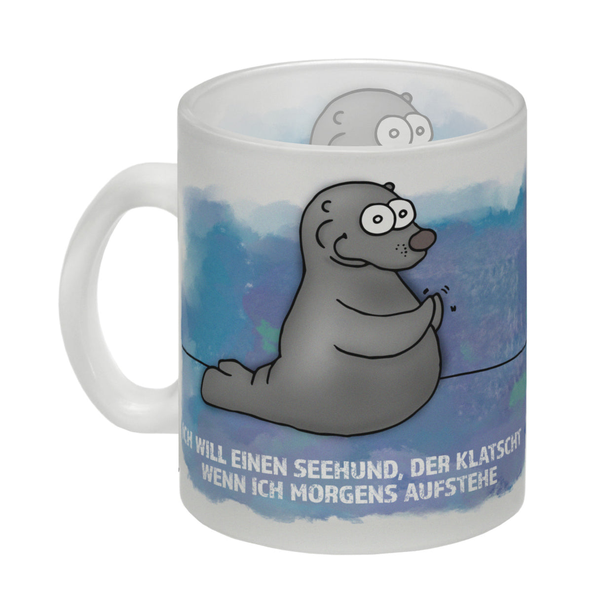 Kaffeebecher mit Seehund Motiv und Spruch: Ich will einen Seehund, der klatscht, ...