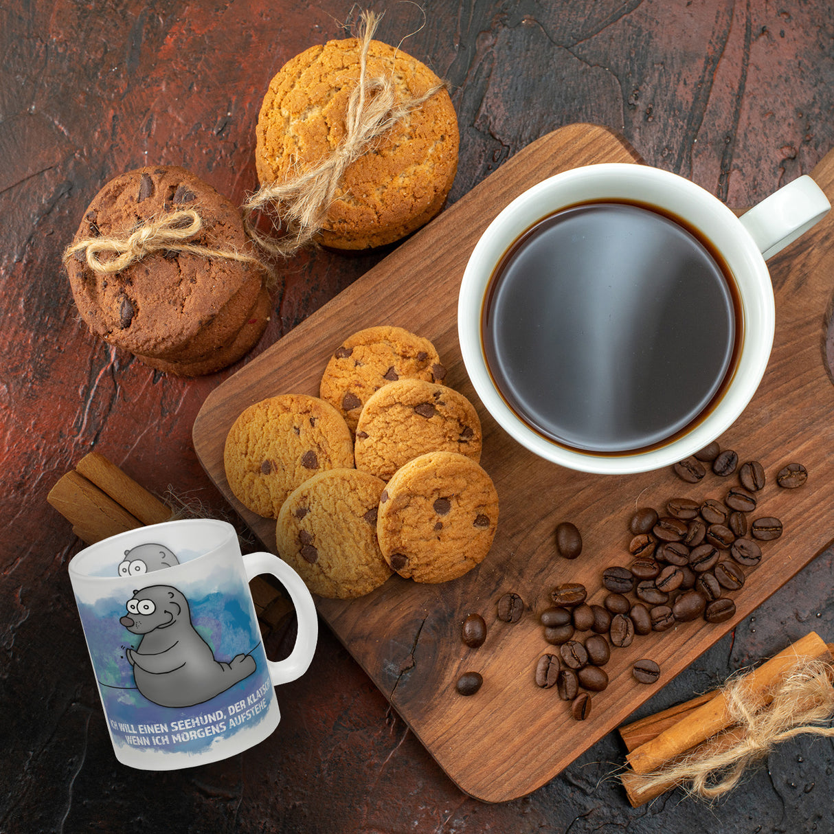 Kaffeebecher mit Seehund Motiv und Spruch: Ich will einen Seehund, der klatscht, ...