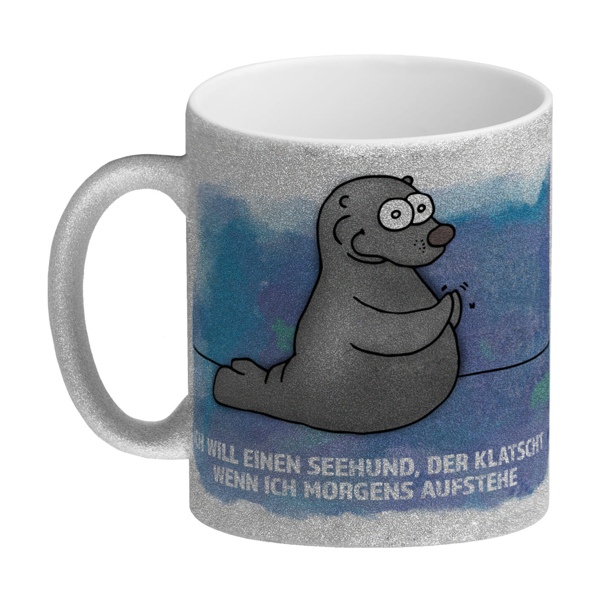 Kaffeebecher mit Seehund Motiv und Spruch: Ich will einen Seehund, der klatscht, ...