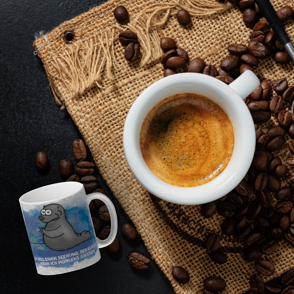 Kaffeebecher mit Seehund Motiv und Spruch: Ich will einen Seehund, der klatscht, ...