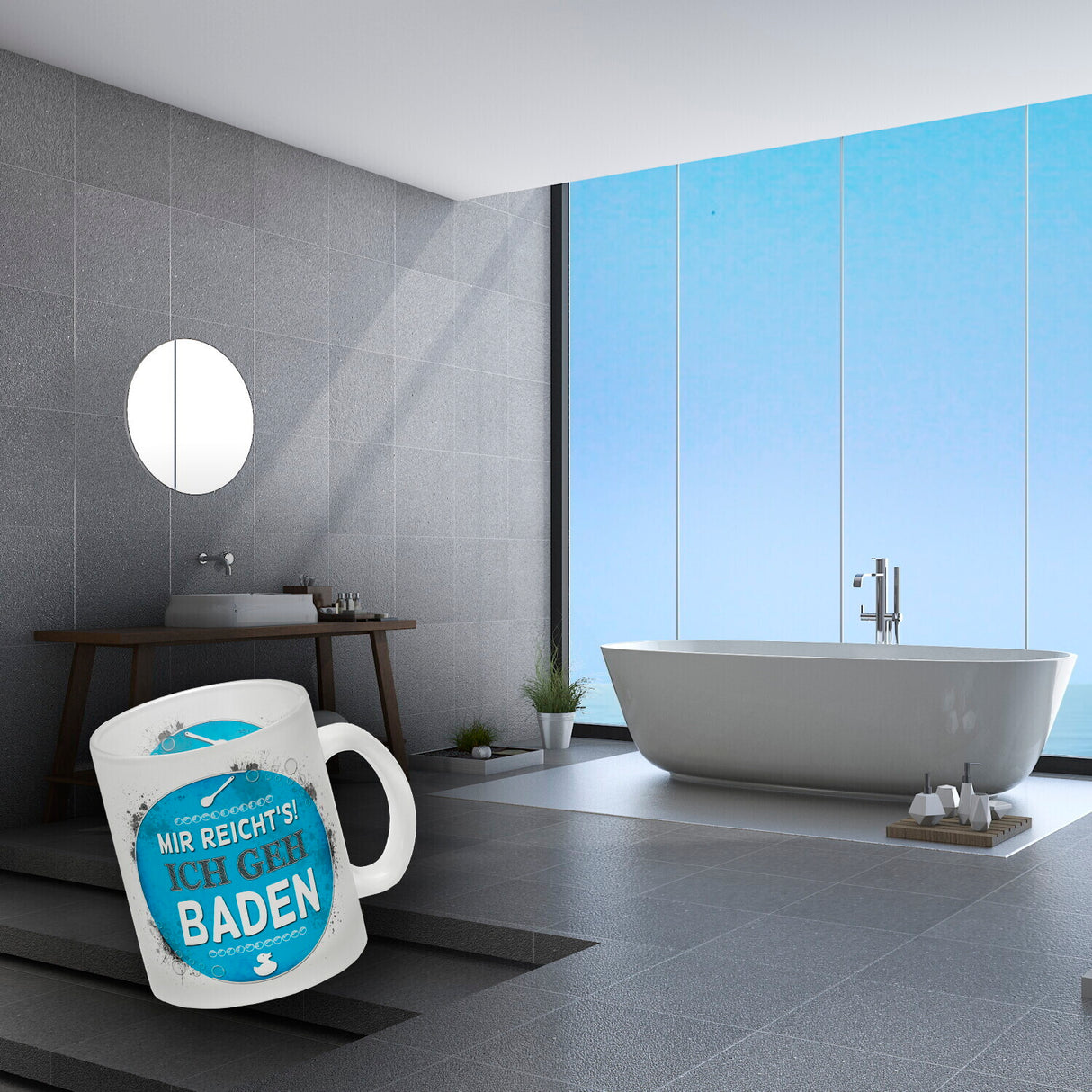 Kaffeebecher mit Spruch: Mir reicht's! Ich geh baden