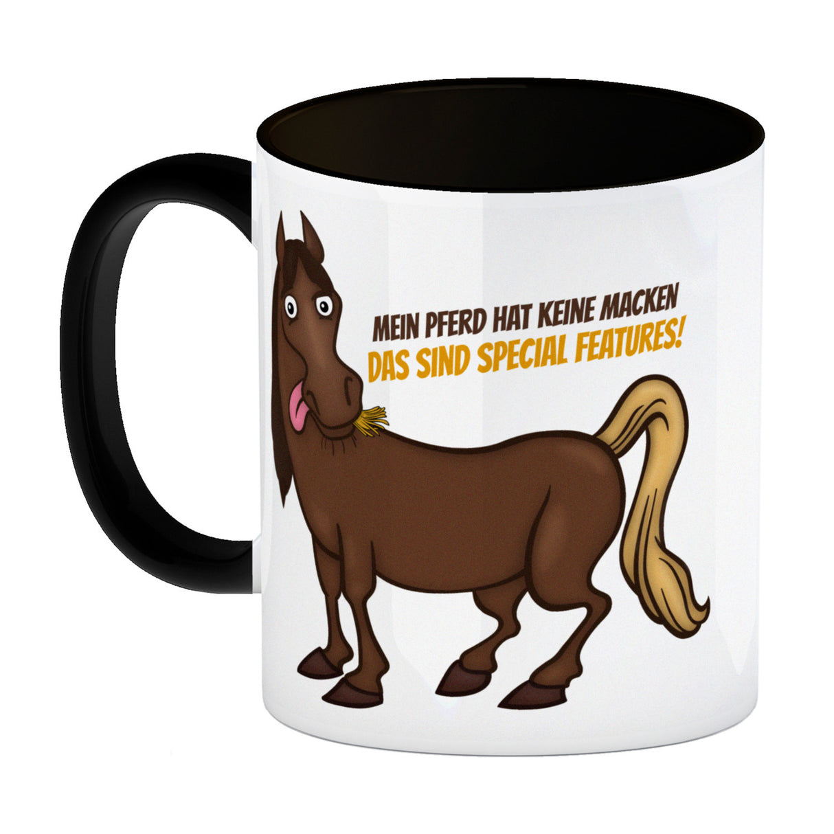Kaffeebecher mit Pferde Motiv und Spruch: Mein Pferd hat keine Macke. Das ...