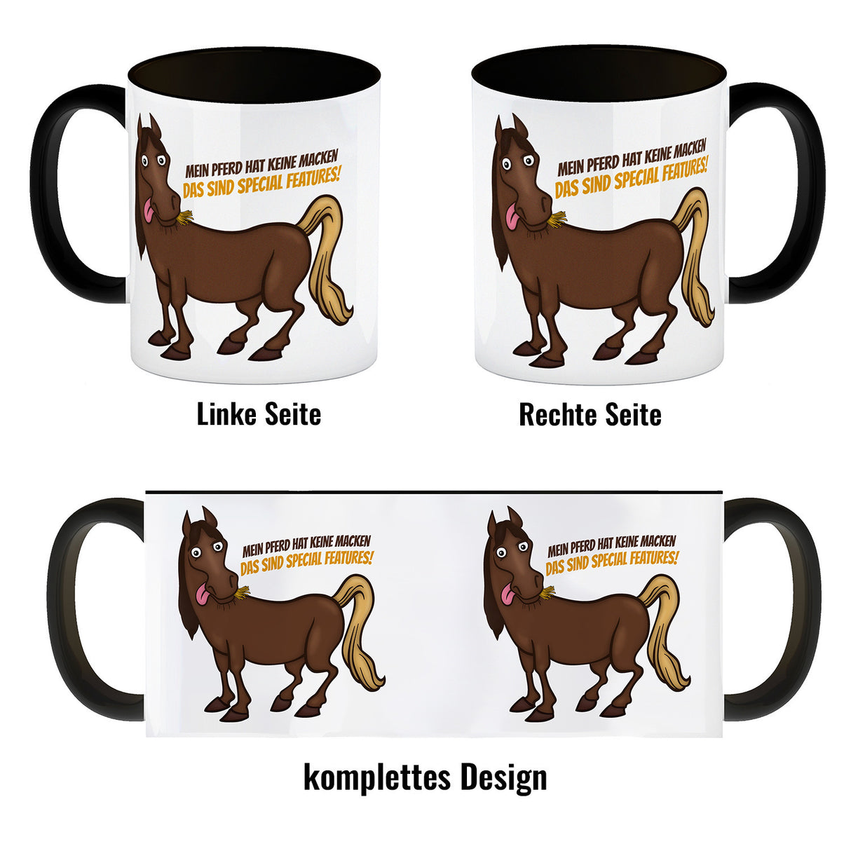 Kaffeebecher mit Pferde Motiv und Spruch: Mein Pferd hat keine Macke. Das ...