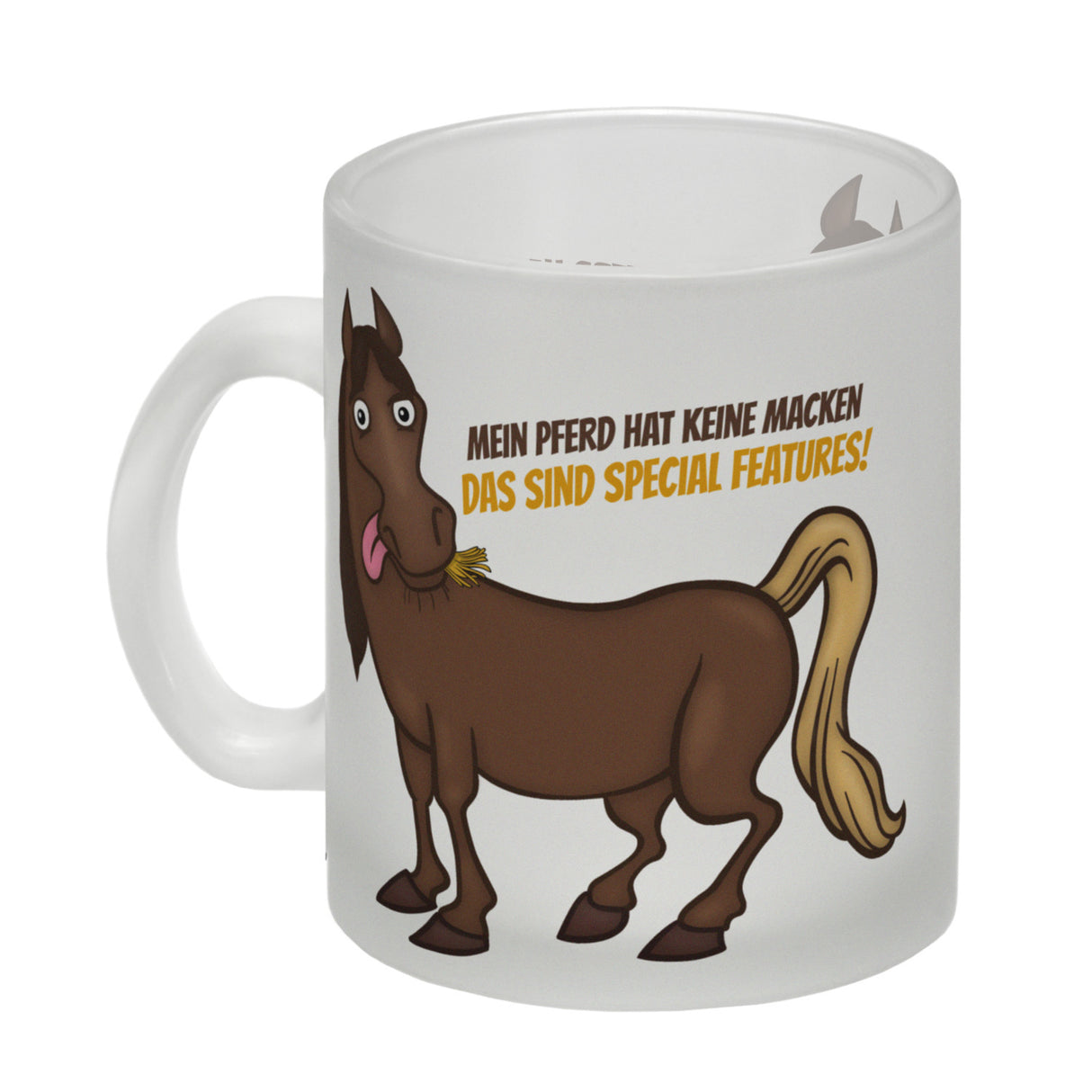 Kaffeebecher mit Pferde Motiv und Spruch: Mein Pferd hat keine Macke. Das ...
