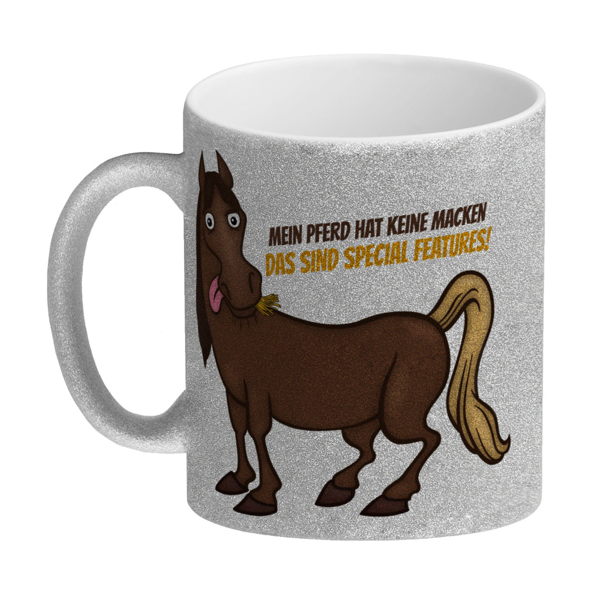 Kaffeebecher mit Pferde Motiv und Spruch: Mein Pferd hat keine Macke. Das ...