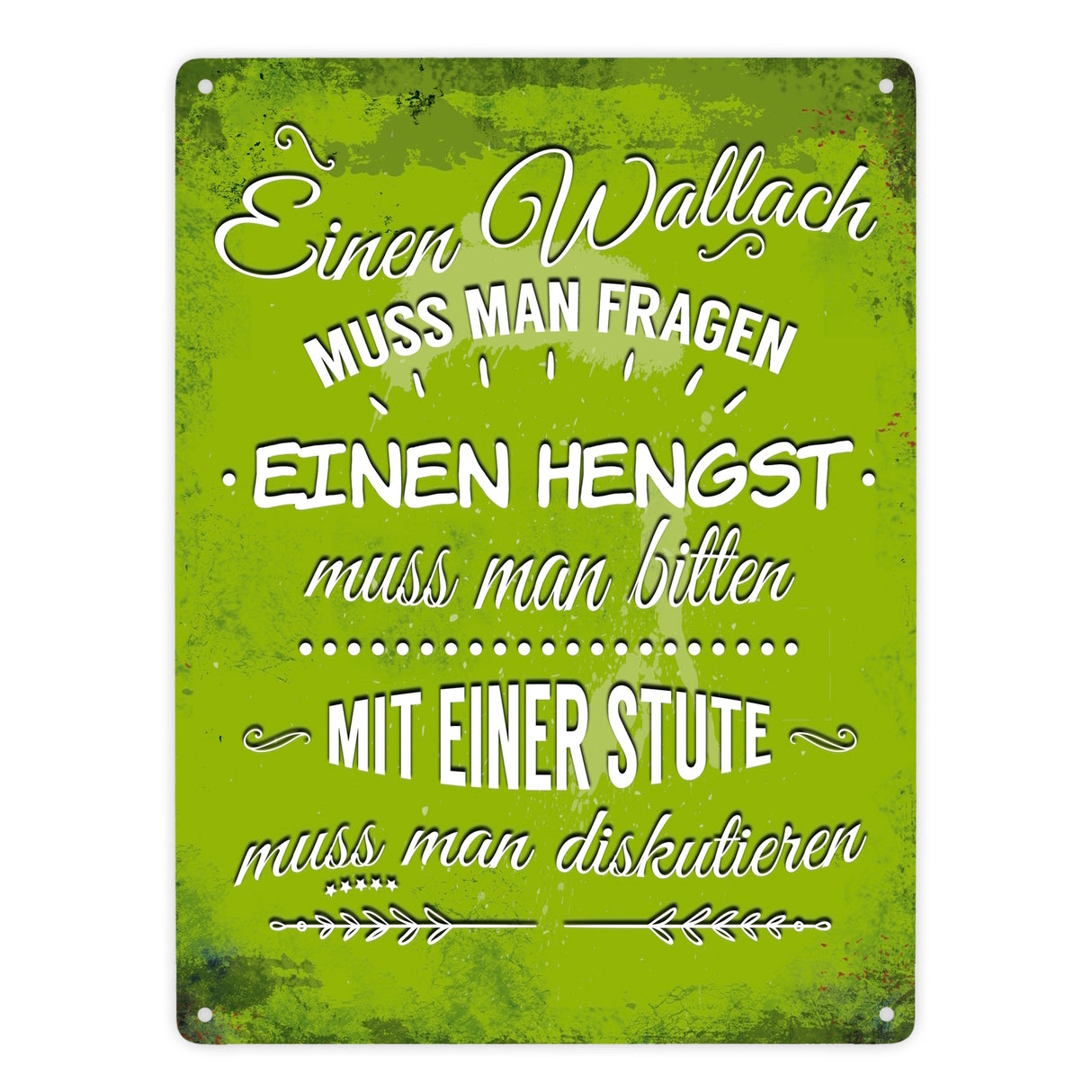 Metallschild mit Reiter Motiv und Spruch: Einen Wallach muss man fragen, ...
