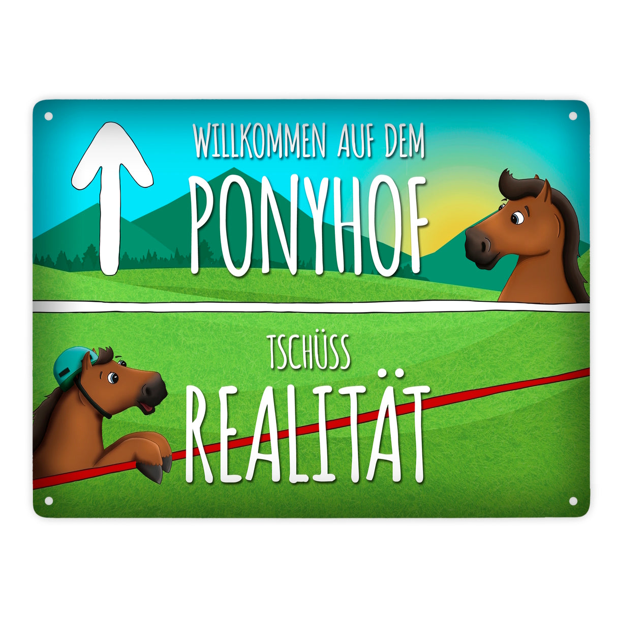Metallschild mit Pferde Motiv und Spruch: Willkommen auf dem Ponyhof
