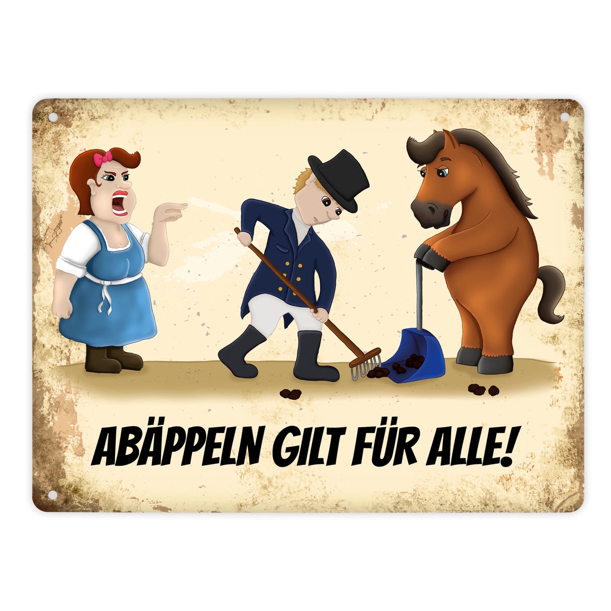 Metallschild mit Reiter und Pferde Motiv und Spruch: Abäppeln gilt für alle Absammeln Pferdeäpfel Reithalle Stall