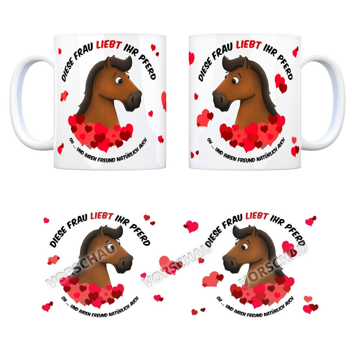 Kaffeebecher mit weißes Pferd Motiv und Spruch: Diese Frau liebt ihr Pferd. Oh ...