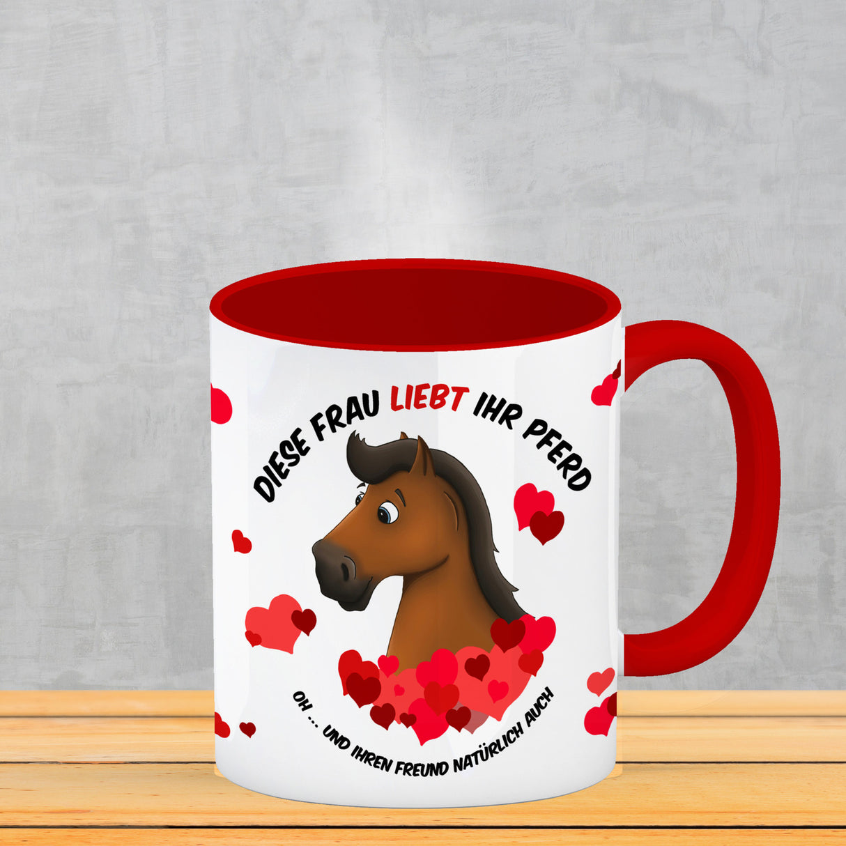 Kaffeebecher mit weißes Pferd Motiv und Spruch: Diese Frau liebt ihr Pferd. Oh ...