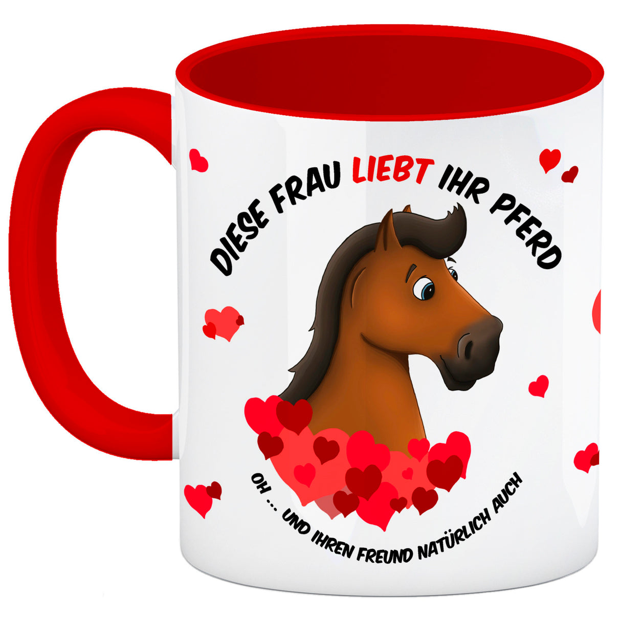 Kaffeebecher mit weißes Pferd Motiv und Spruch: Diese Frau liebt ihr Pferd. Oh ...