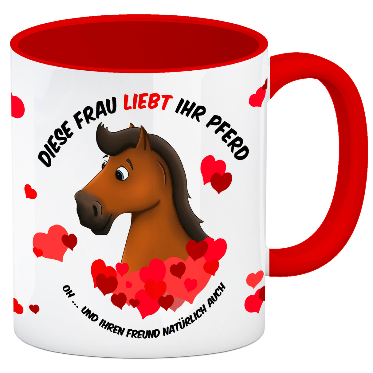 Kaffeebecher mit weißes Pferd Motiv und Spruch: Diese Frau liebt ihr Pferd. Oh ...