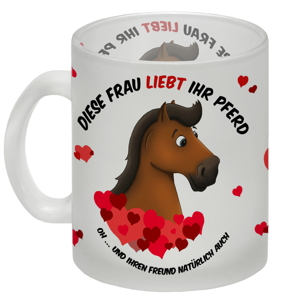 Kaffeebecher mit weißes Pferd Motiv und Spruch: Diese Frau liebt ihr Pferd. Oh ...
