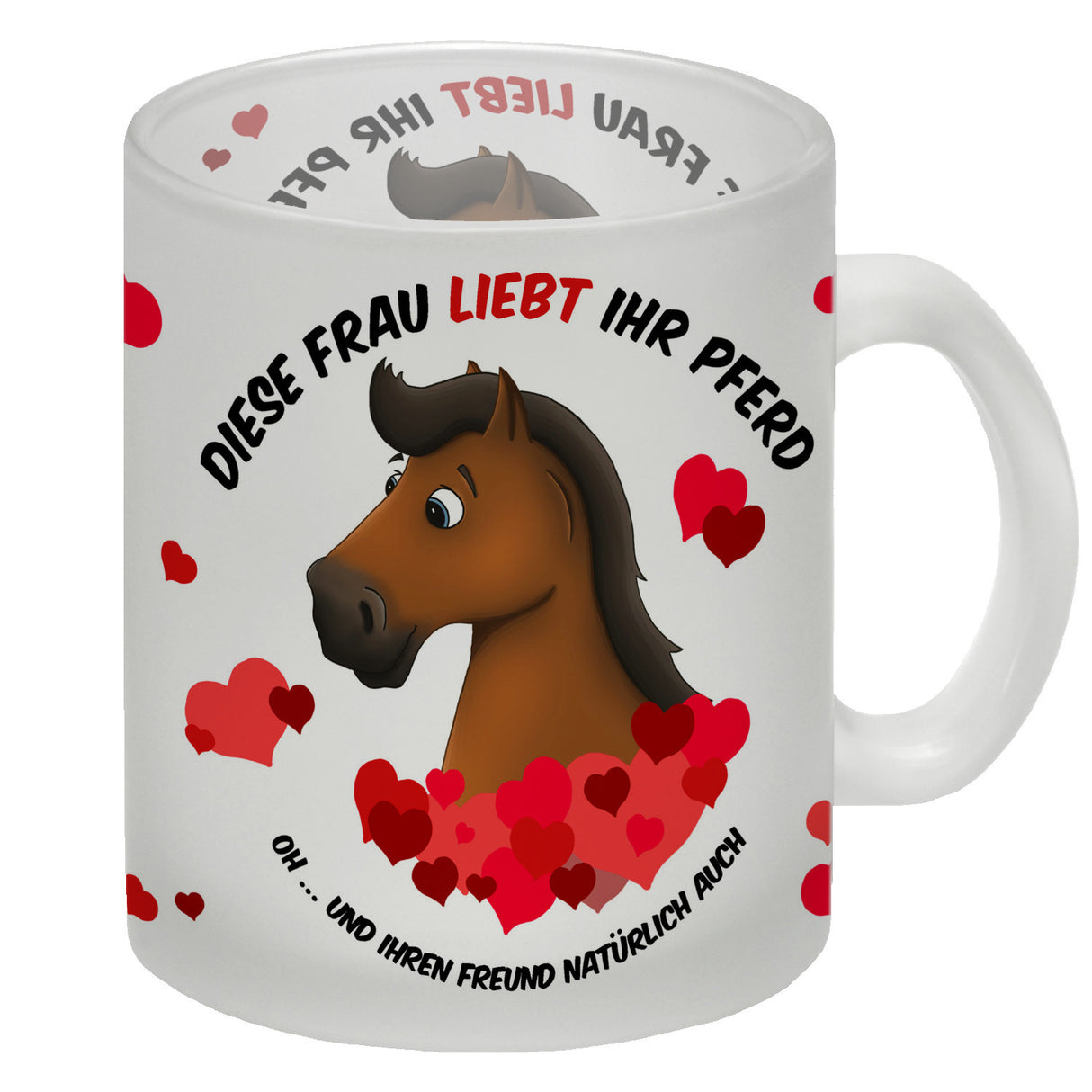 Kaffeebecher mit weißes Pferd Motiv und Spruch: Diese Frau liebt ihr Pferd. Oh ...