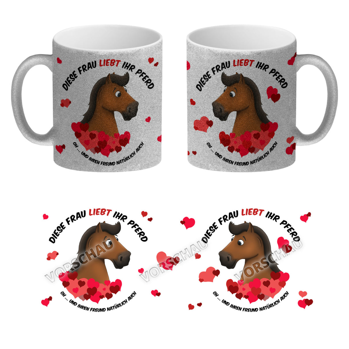 Kaffeebecher mit weißes Pferd Motiv und Spruch: Diese Frau liebt ihr Pferd. Oh ...