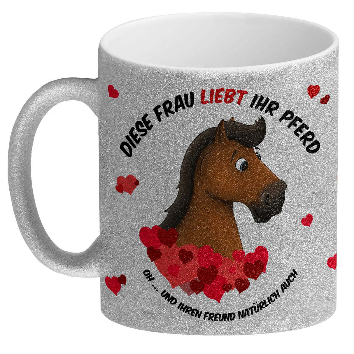 Kaffeebecher mit weißes Pferd Motiv und Spruch: Diese Frau liebt ihr Pferd. Oh ...