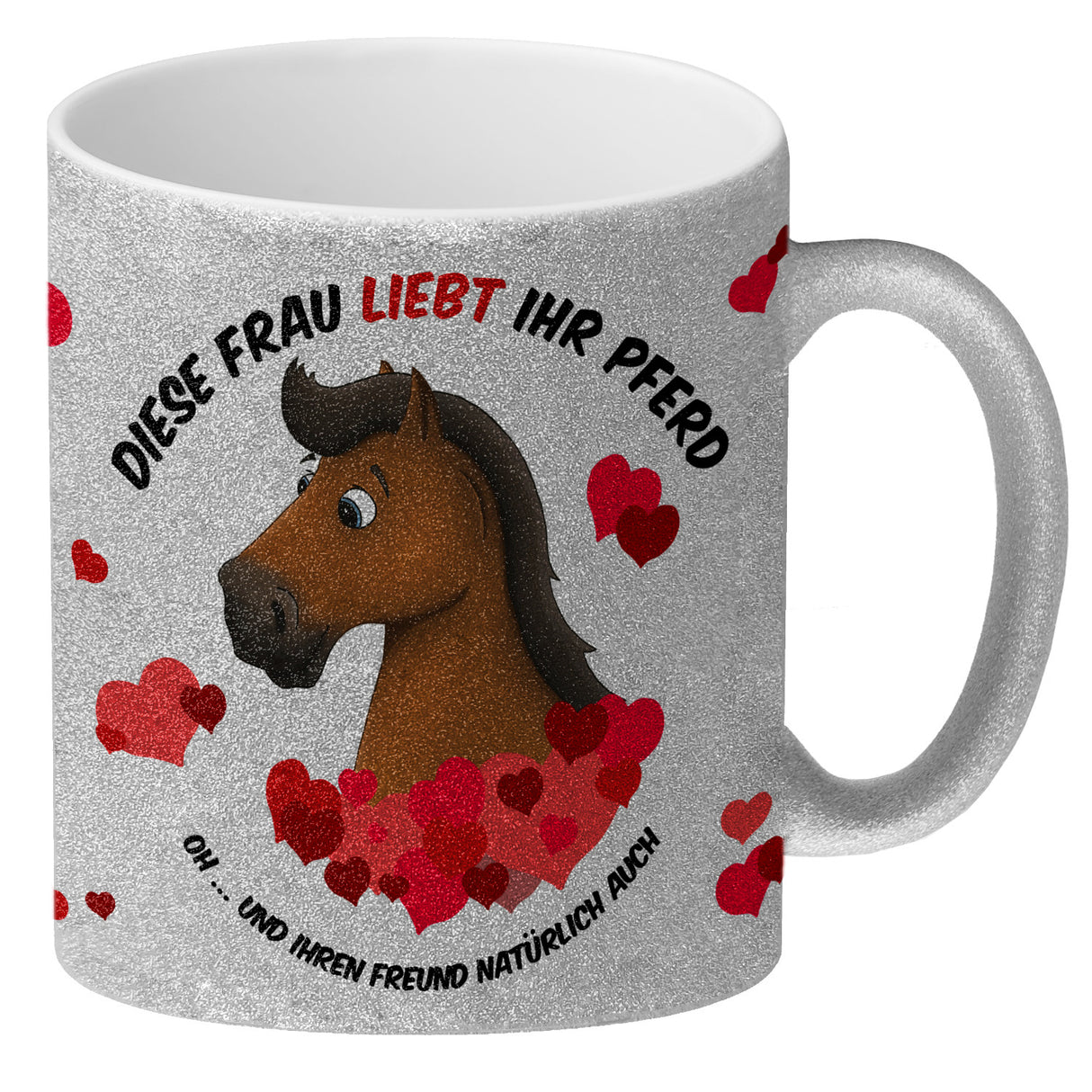 Kaffeebecher mit weißes Pferd Motiv und Spruch: Diese Frau liebt ihr Pferd. Oh ...