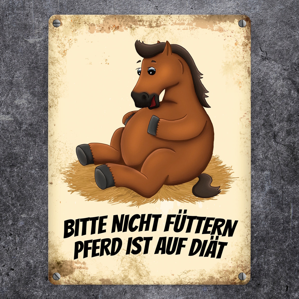 Metallschild mit Pferde Motiv und Spruch: Bitte nicht füttern - Pferd ist auf Diät