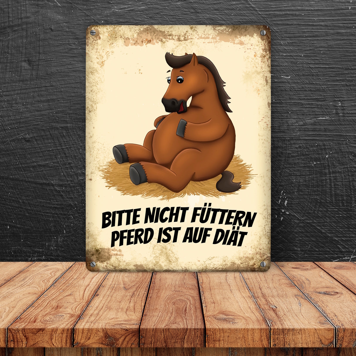 Metallschild mit Pferde Motiv und Spruch: Bitte nicht füttern - Pferd ist auf Diät