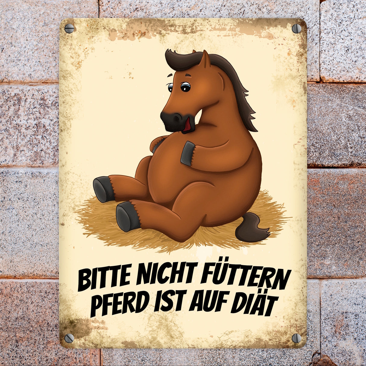 Metallschild mit Pferde Motiv und Spruch: Bitte nicht füttern - Pferd ist auf Diät