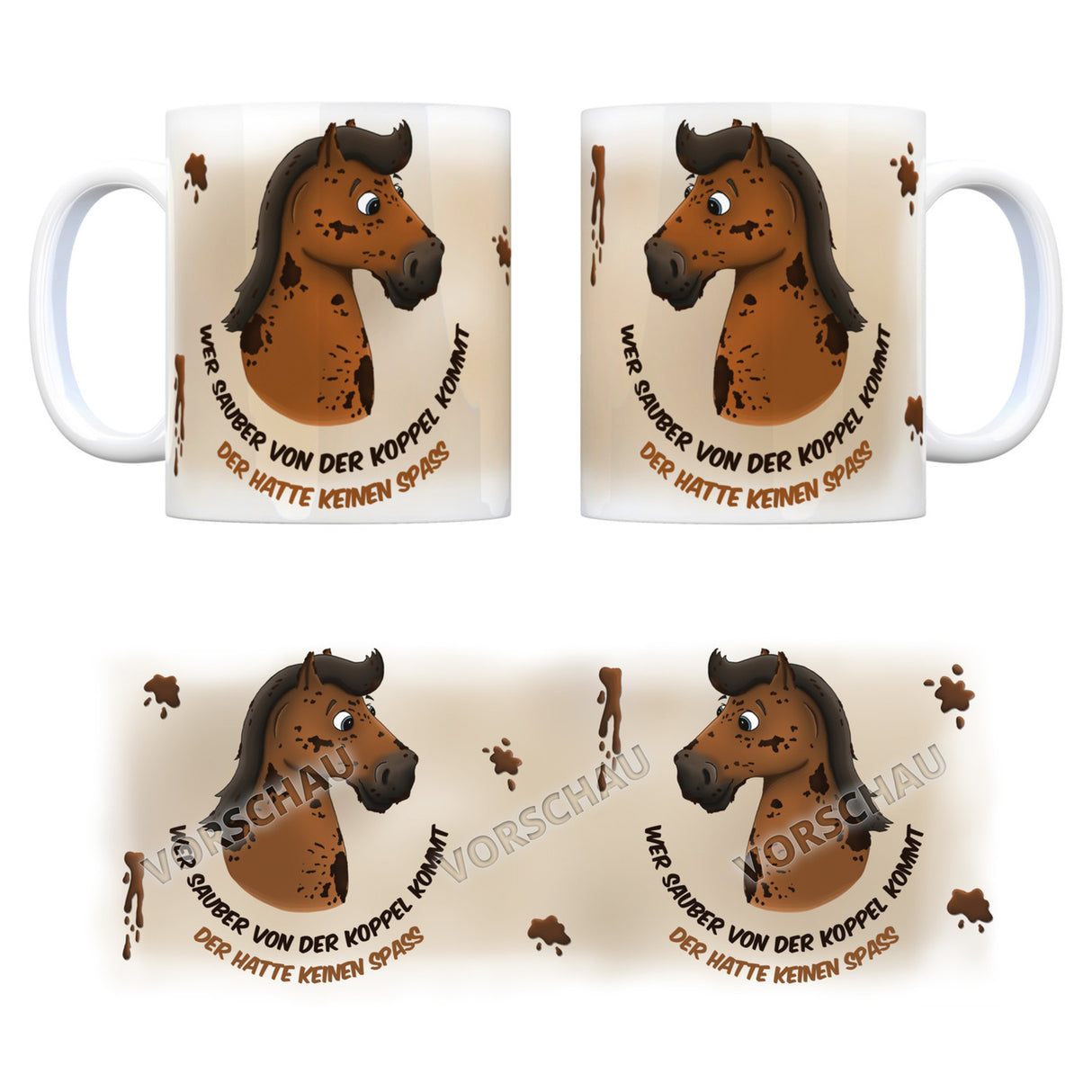 Kaffeebecher mit weißes Pferd Motiv und Spruch: Wer sauber von der Koppel kommt, ...