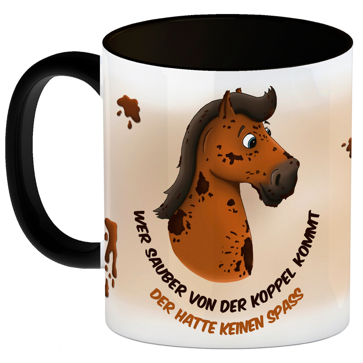 Kaffeebecher mit weißes Pferd Motiv und Spruch: Wer sauber von der Koppel kommt, ...