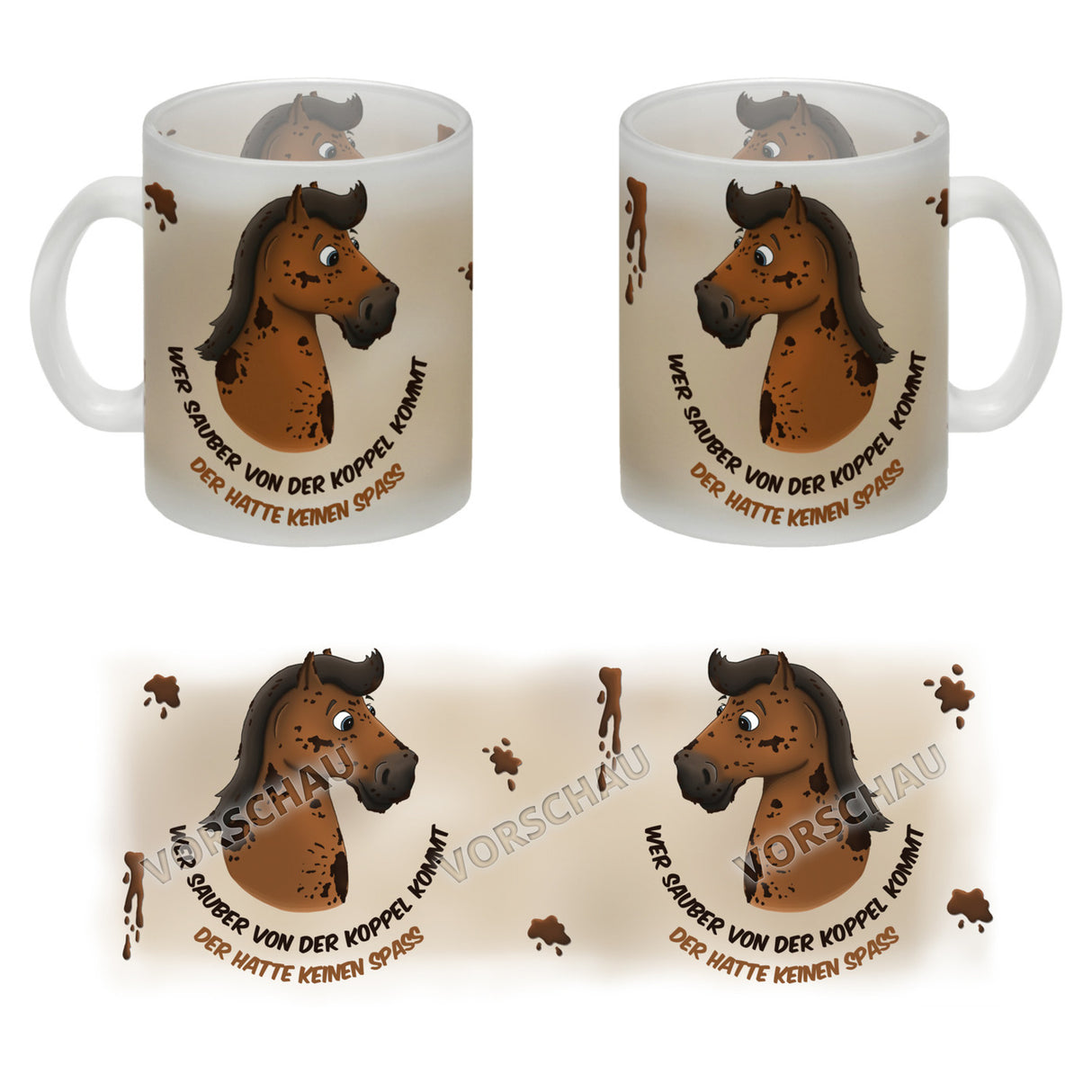 Kaffeebecher mit weißes Pferd Motiv und Spruch: Wer sauber von der Koppel kommt, ...
