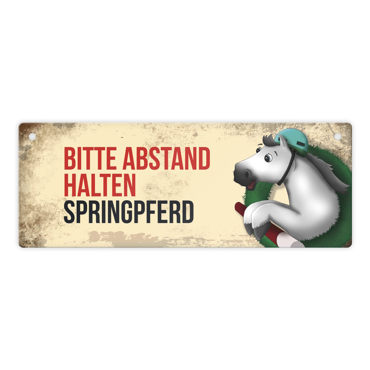Metallschild mit weißem Springpferd Motiv und Spruch: Bitte Abstand halten