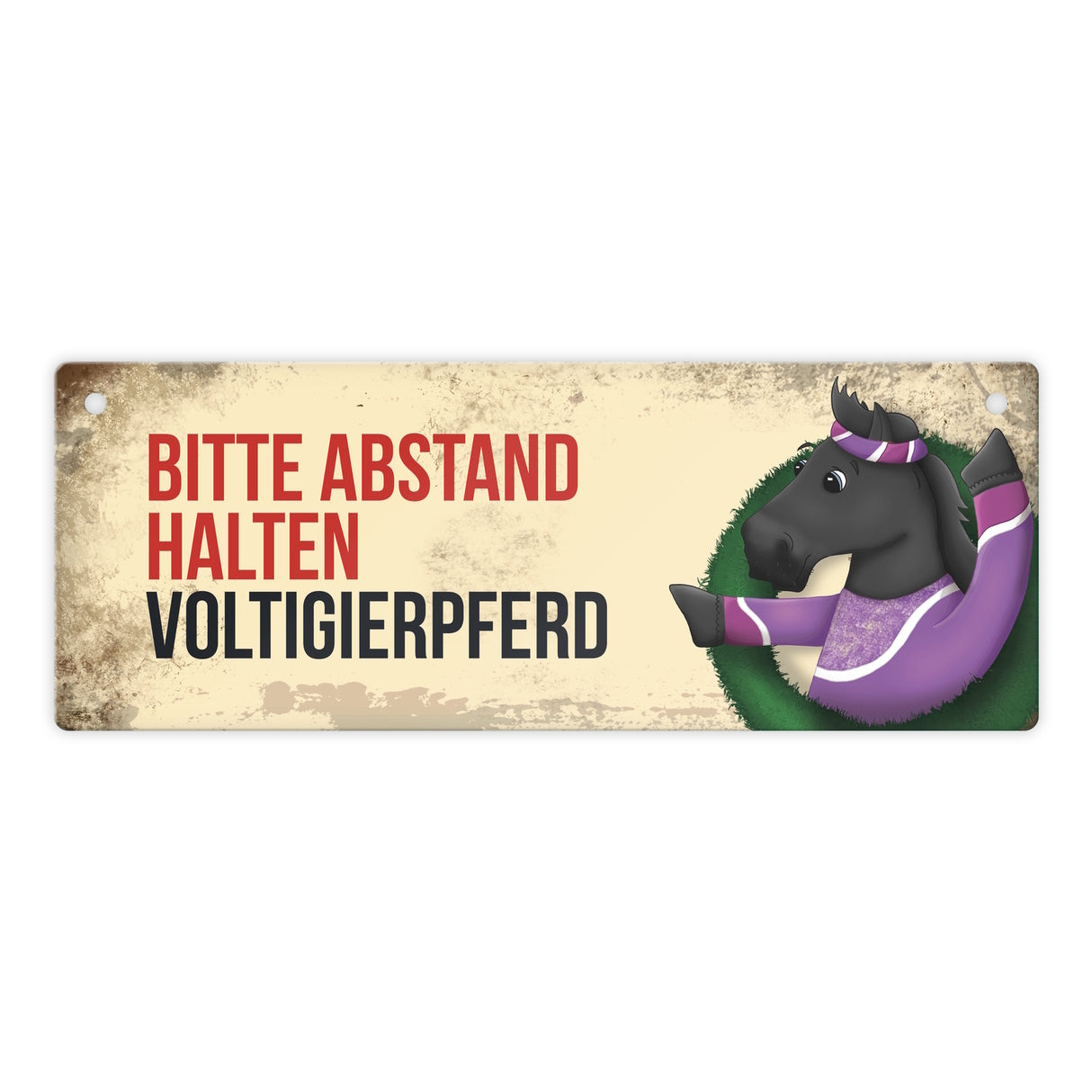 Metallschild mit schwarzem Voltigierpferd Motiv und Spruch: Bitte Abstand halten