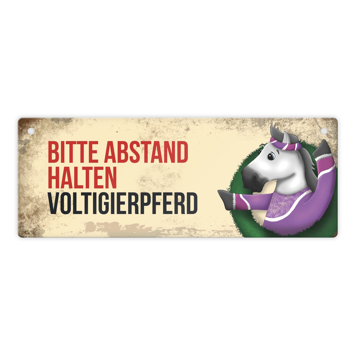 Metallschild mit weißem Voltigierpferd Motiv und Spruch: Bitte Abstand halten