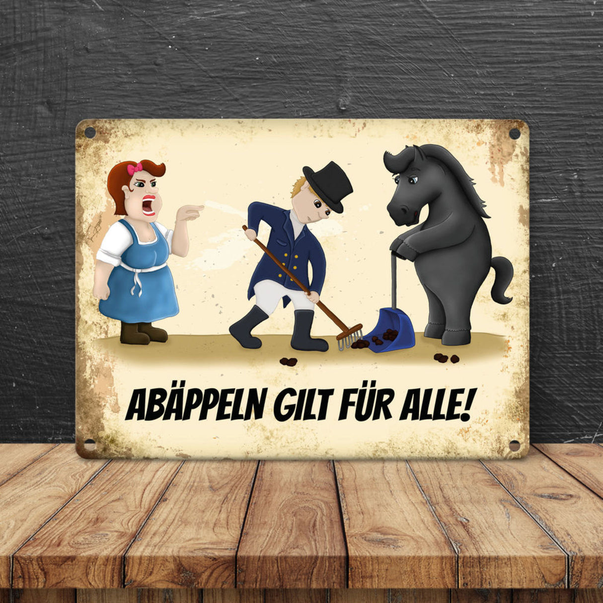 Metallschild mit Reiter und Pferde Motiv und Spruch: Abäppeln gilt für alle Absammeln Pferdeäpfel Reithalle Stall