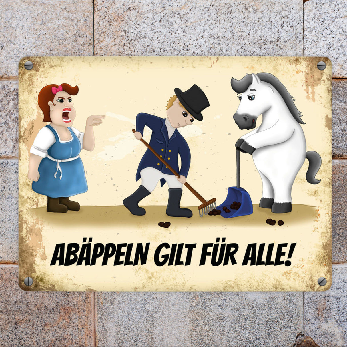 Metallschild mit Reiter und Pferde Motiv und Spruch: Abäppeln gilt für alle Absammeln Pferdeäpfel Reithalle Stall