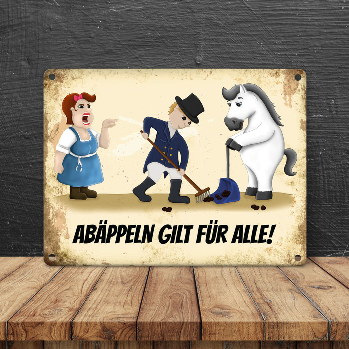 Metallschild mit Reiter und Pferde Motiv und Spruch: Abäppeln gilt für alle Absammeln Pferdeäpfel Reithalle Stall