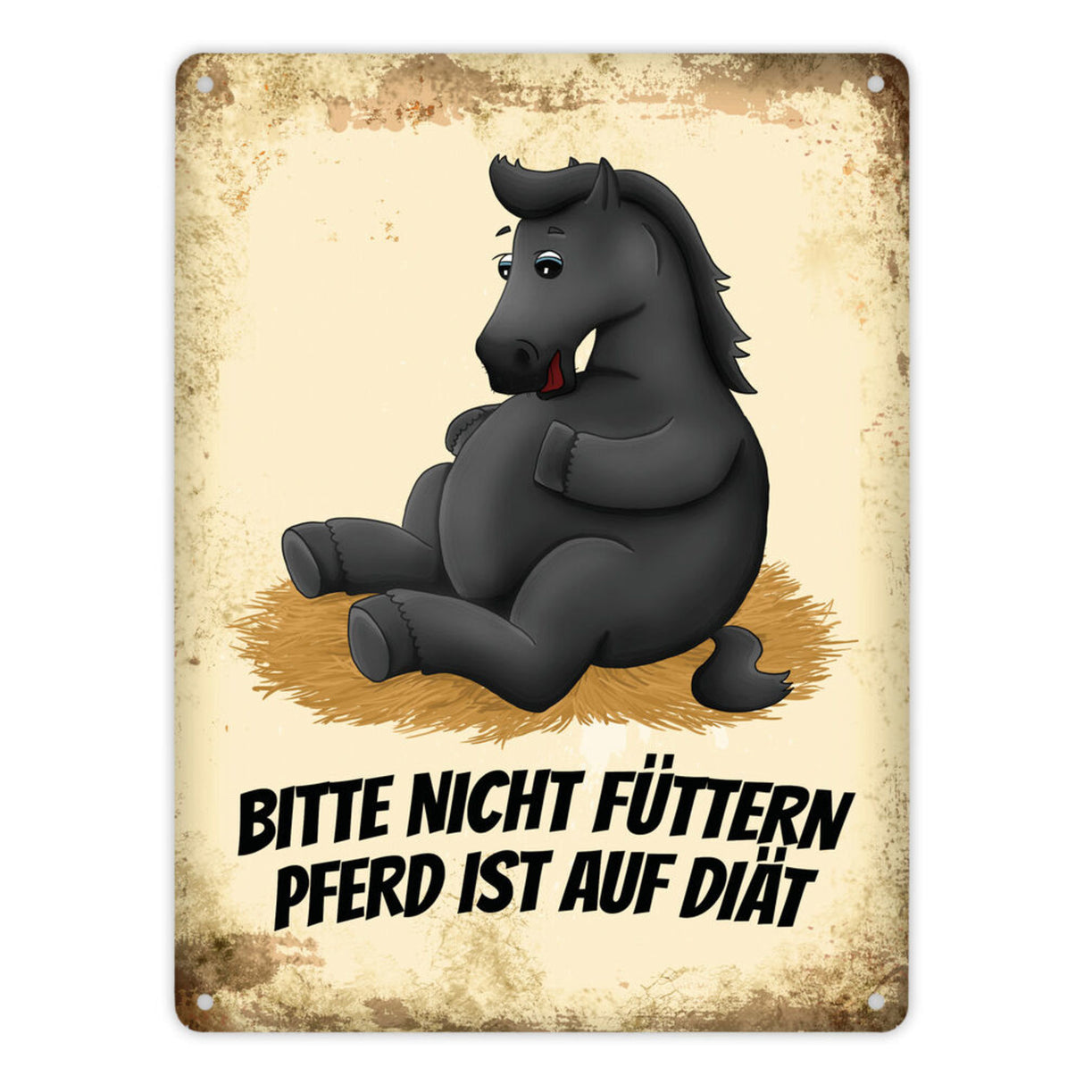 Metallschild mit Pferde Motiv und Spruch: Bitte nicht füttern - Pferd ist auf Diät