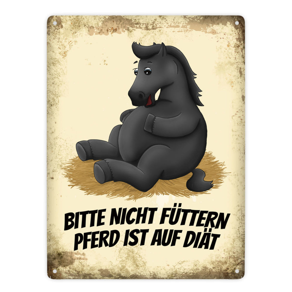 Metallschild mit Pferde Motiv und Spruch: Bitte nicht füttern - Pferd ist auf Diät