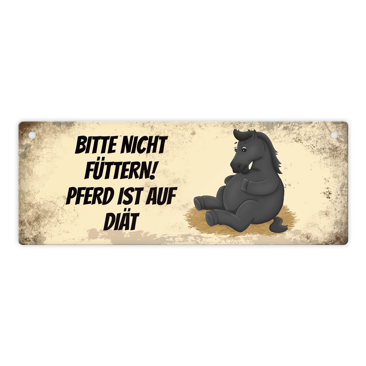 Metallschild mit schwarzem Pferd Motiv und Spruch: Bitte nicht füttern - Diät