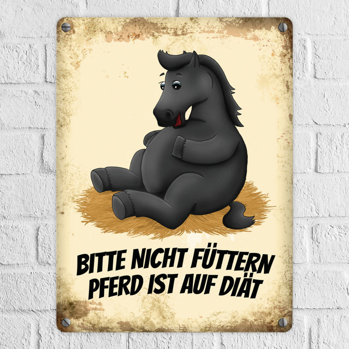 Metallschild mit Pferde Motiv und Spruch: Bitte nicht füttern - Pferd ist auf Diät