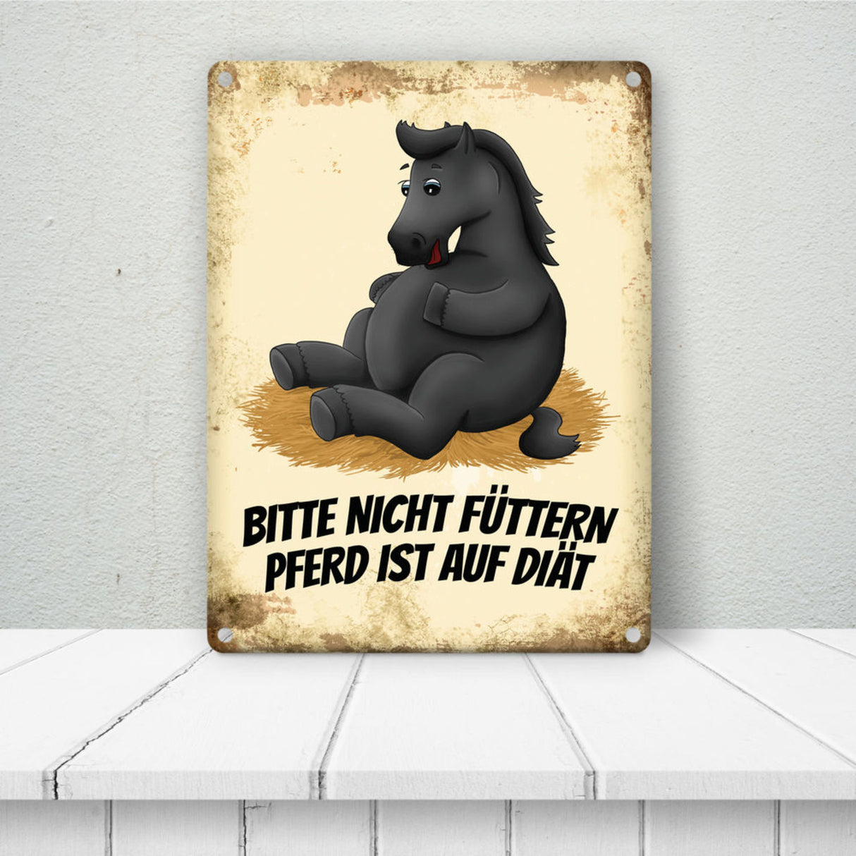 Metallschild mit Pferde Motiv und Spruch: Bitte nicht füttern - Pferd ist auf Diät