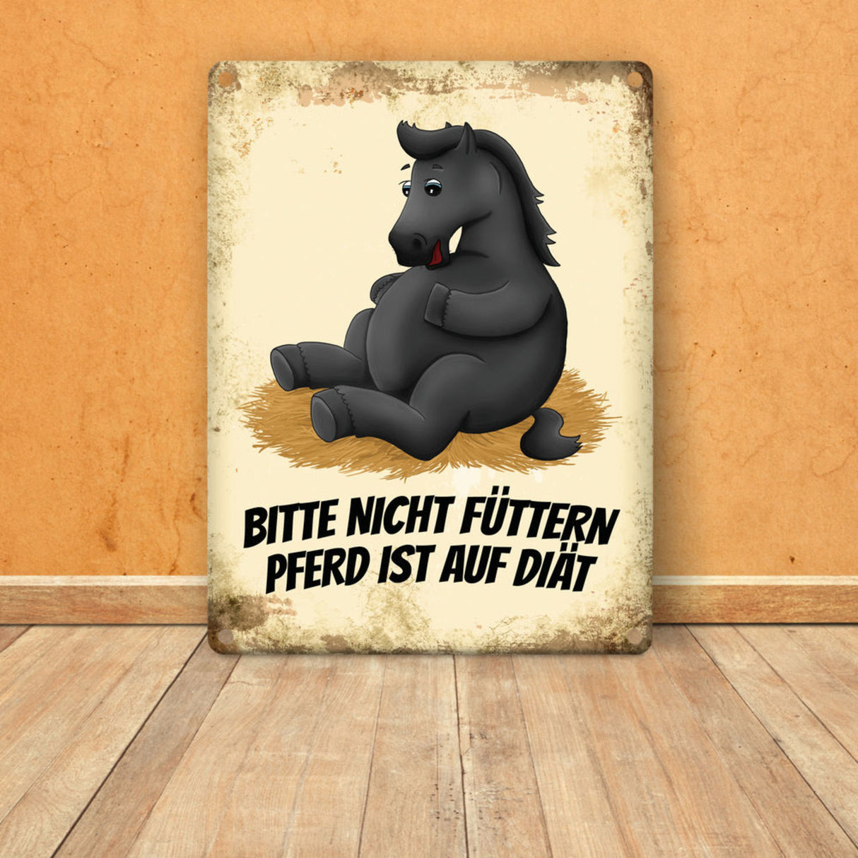 Metallschild mit Pferde Motiv und Spruch: Bitte nicht füttern - Pferd ist auf Diät