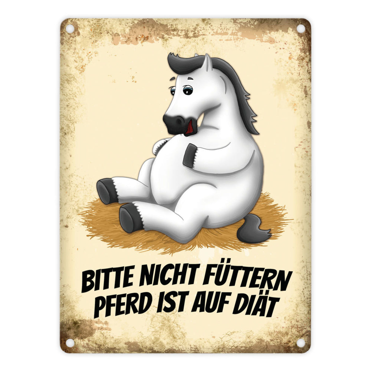 Metallschild mit Pferde Motiv und Spruch: Bitte nicht füttern - Pferd ist auf Diät